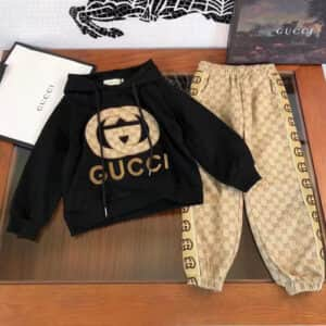 Gucci autumn and winter designer plush hooded G-letter two-piece set, thick and cozy for men, women, middle-aged, and children